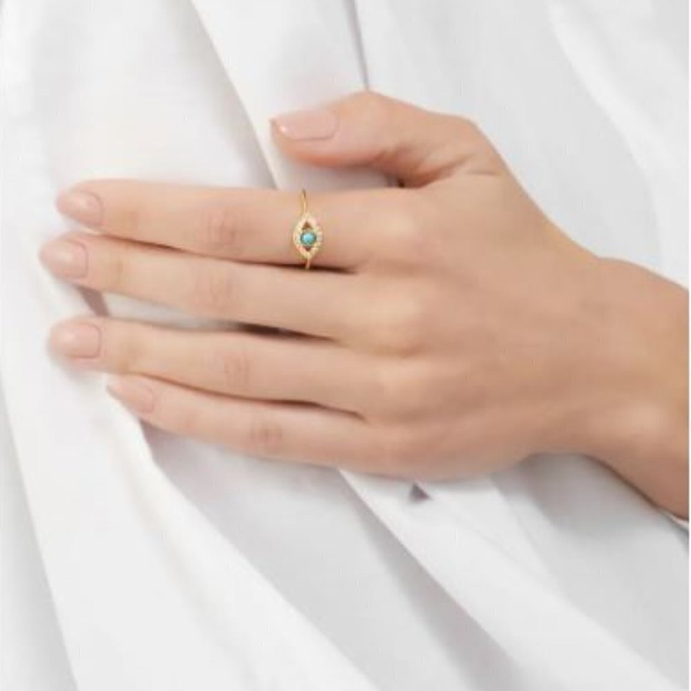 14k Yellow Gold Plated Turquoise & Swarovski Crystal Accented Evil Eye Ring NWT - Picture 7 of 7